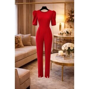 Black Halo Russo Jumpsuit Sz 14 Red Structured Puff Sleeve Career Chic Business